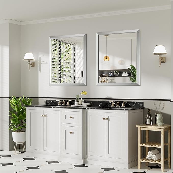 36x32 Inch Brushed Silver Bathroom Mirror for Wall, Thick Metal Framed Rectangle Mirrors for Over Sink, Bedroom, Living Room, Entryway, Anti-Rust, HD Tempered Glass