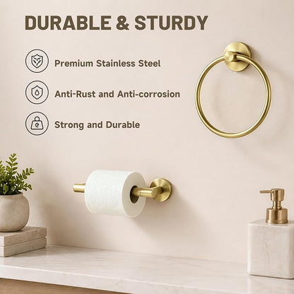 Toilet Paper Holder and Hand Towel Ring Bathroom Set | Brushed Gold,Stainless Steel,Wall Mount,Bathroom Accessories,Hand Towel Ring and Toilet Paper Holder Set,Easy to install