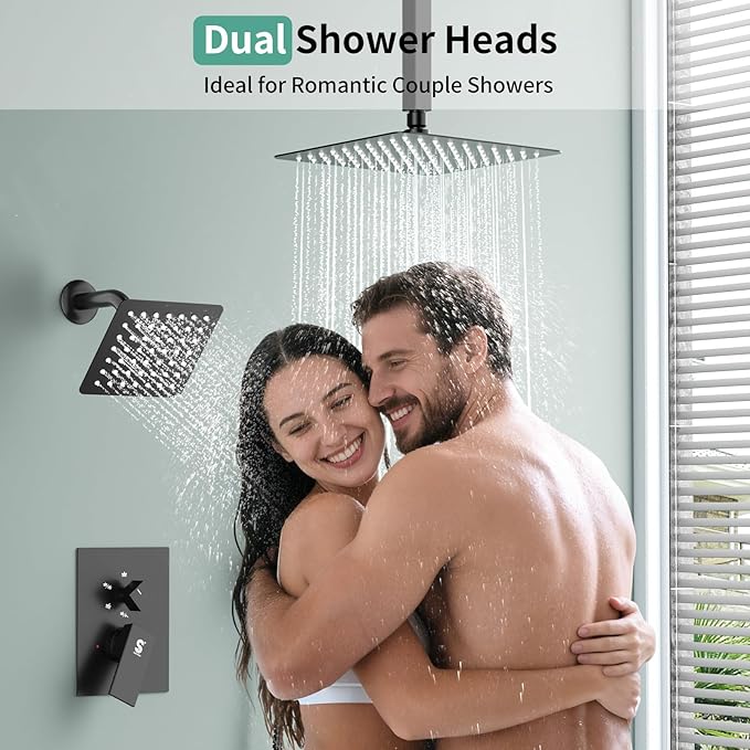 Shower Faucet Set Shower System - SR SUN RISE Matte Black Shower Trim Kit with Dual Shower Head, 10'' Ceiling Rainfall 6'' Wall Mount with Handheld Shower for Couples, Complete 6 Diverter Valve