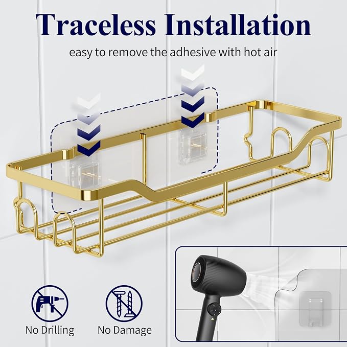 Kitsure Shower Caddy, Adhesive Shower Organizer, Large, Gold | Stainless Steel Shelf for Inside Shower, No Drill Bathroom Organizers and Storage, Home Decor Accessories