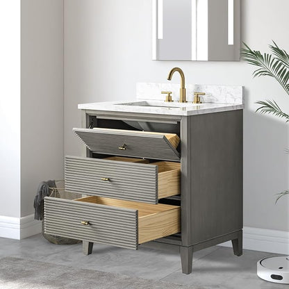 Vanity Art 30" Bathroom Vanity with Single Sink & Arabescato White Engineered Stone Top, Vanity Cabinet with Soft Closing Door, Solid Wood Frame, Golden Brushed Handles, Driftwood Gray VA8130-DG-GB