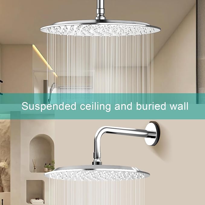 All Metal Rain Shower Head - Heavy Duty Stainless Steel, Easy Install, High Water Flow, Ultra-Thin Modern Design for Bathroom (Chrome, 12)