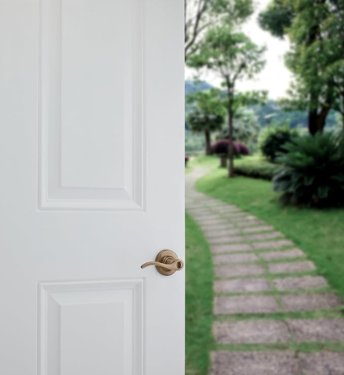 Kwikset Balboa Entry Door Handle with Lock and Key, Secure Keyed Reversible Lever Exterior, for Front Entrance and Bedrooms, Antique Brass, Pick Resistant Smartkey Rekey Security and Microban