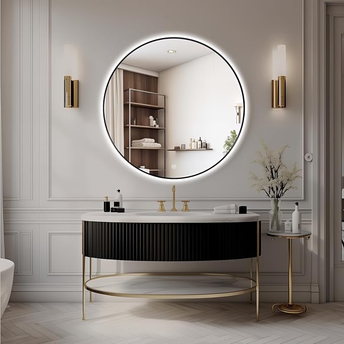 Niccy Round LED Bathroom Mirrors, Black Framed Backlit Vanity Mirror, 44" | LED Smart Circle Mirror with 3 Color Lighting, Anti-Fog Lighted, IP65 Waterproof, Wall Mounted Bathroom Vanity