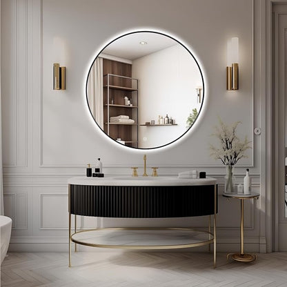 Niccy Round LED Bathroom Mirrors, Black Framed Backlit Vanity Mirror, 44" | LED Smart Circle Mirror with 3 Color Lighting, Anti-Fog Lighted, IP65 Waterproof, Wall Mounted Bathroom Vanity