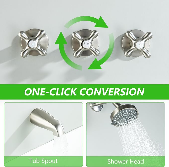 3 Handle Shower Faucet Set with Tub Spout Brushed Nickel Tub and Shower Trim Kit Bathtub Shower Faucets Completes Three Knob