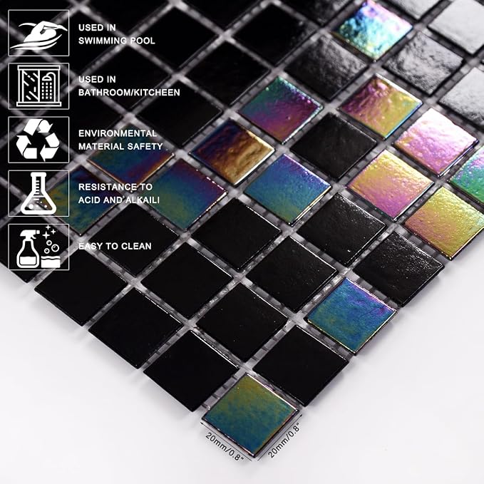 11.5 sq.ft Iridescent Black Glass Mosaic Tile for Bath, Pool, Backsplash | Waterproof Wall & Floor Tile. Heat & frost resistant outdoors. Mesh-mounted easy install. Use any grout. Easy clean. 10pcs.
