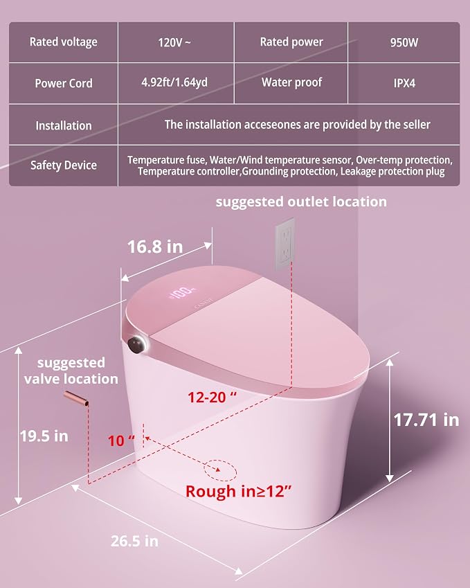 CANEST Pink Smart Toilet with Bidet Built In, Auto Open, Auto Temp Control | Dual Flush with Tank, ADA Comfort Height, Smart Temp Control, Warm Air Dryer, Remote Control, Foot Sensor, Night Light
