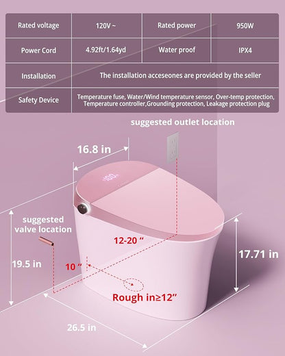 CANEST Pink Smart Toilet with Bidet Built In, Auto Open, Auto Temp Control | Dual Flush with Tank, ADA Comfort Height, Smart Temp Control, Warm Air Dryer, Remote Control, Foot Sensor, Night Light