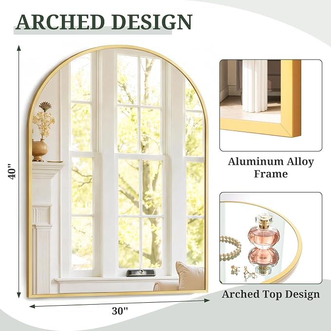 Arched Wall Mirror 40x30 Inch Gold Bathroom Vanity Mirror with Metal Frame | Modern Arch Mirror for Bedroom, Living Room, Entryway, Wall Mounted Decorative Mirror