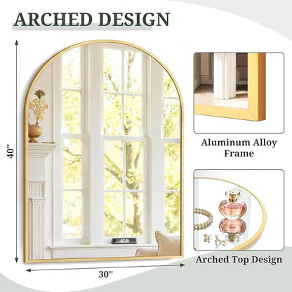 Arched Wall Mirror 40x30 Inch Gold Bathroom Vanity Mirror with Metal Frame | Modern Arch Mirror for Bedroom, Living Room, Entryway, Wall Mounted Decorative Mirror