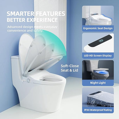 Heated Bidet Toilet Seat Elongated with LED Display & Remote Control - Smart Soft Close Toilet Seat Electric Bidet with Dryer, Warm Water, Feminine Wash, Self-Cleaning Nozzle, IPX4, White