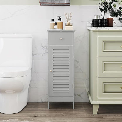 GIANTEX Bathroom Floor Storage Cabinet with Door and Drawer, Grey | Freestanding Side Cabinet with 3-Height Adjustable Shelf, Slim Cupboard, Storage Organizer Cabinet for Bedroom Living Room
