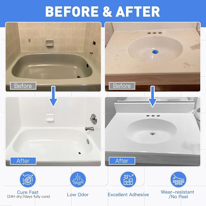 DWIL Tile Paint, Tub and Tile Refinishing Kit with Tools, Water-based Bathtub Paint - Low Odor, Easy to Use, 25-30sq.ft, 16.5oz, Semi-Gloss White