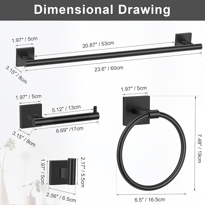 Matte Black Bathroom Hardware Accessories Towel Bar Set, 10 Pieces Bathroom Towel Bar Holder Set, 23.6 Inch Stainless Steel Toilet Paper Holder Towel Racks for Bathroom Wall Mounted