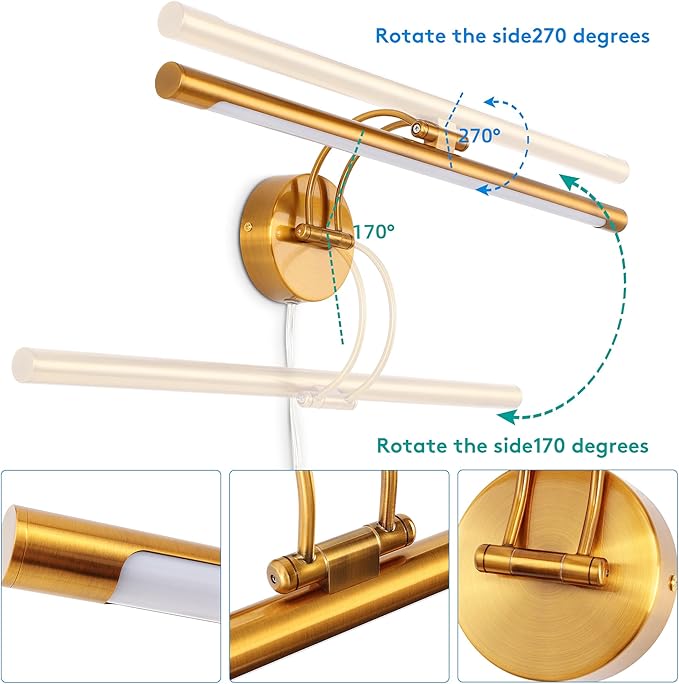 MantoLite 24'' Picture Lights for Wall,Vanity Lights for Bathroom,Plug-in or Hardwired,12W 3000K LED Modern Bathroom Lighting Fixtures Over Mirror and Wall Lights for Bedroom(Brass)