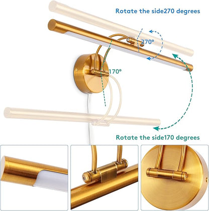 MantoLite 24'' Picture Lights for Wall,Vanity Lights for Bathroom,Plug-in or Hardwired,12W 3000K LED Modern Bathroom Lighting Fixtures Over Mirror and Wall Lights for Bedroom(Brass)