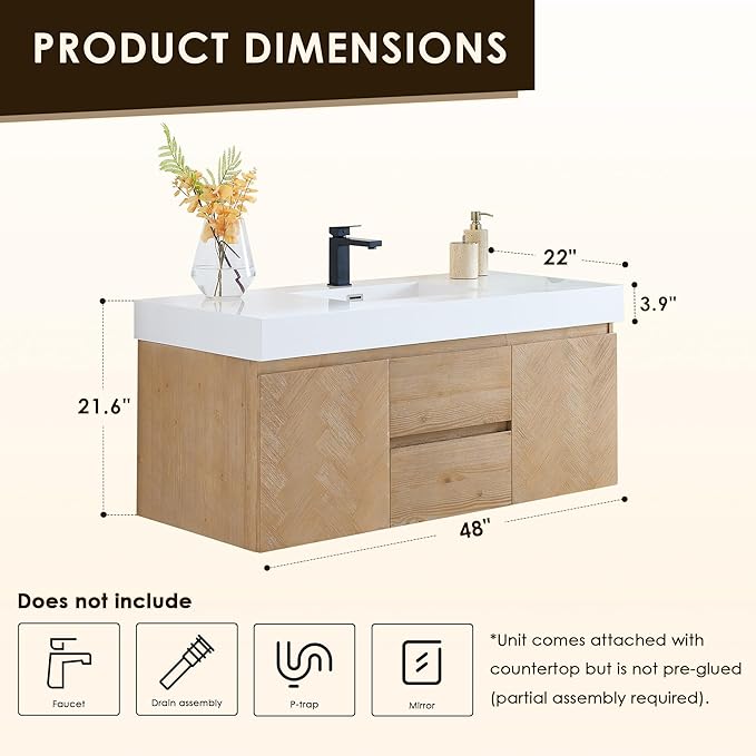 48 Inch Floating Sink Bathroom Vanity Wall Mount Single Vanities Overflow Mordern Large Storge Cabinet with Ceramic Countertop Double Soft Closing Drawers Pre-Assembled