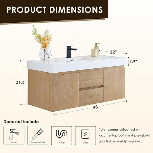 48 Inch Floating Sink Bathroom Vanity Wall Mount Single Vanities Overflow Mordern Large Storge Cabinet with Ceramic Countertop Double Soft Closing Drawers Pre-Assembled