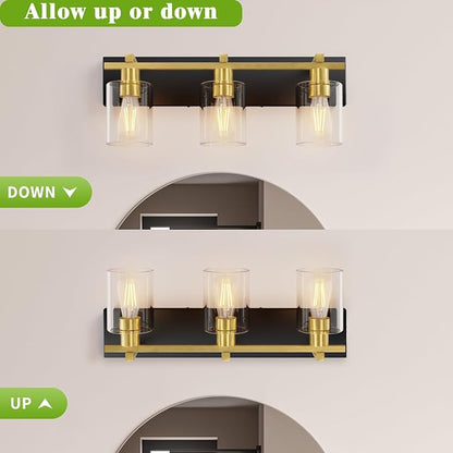 3-Light 21inch Black and Gold Vanity Light, Thickened Clear Glass | Over Mirror for Bathroom, Rust Resistant, E26 Base, Easy Install, Removable Glass Shade Horizontal Mount, Dimmable
