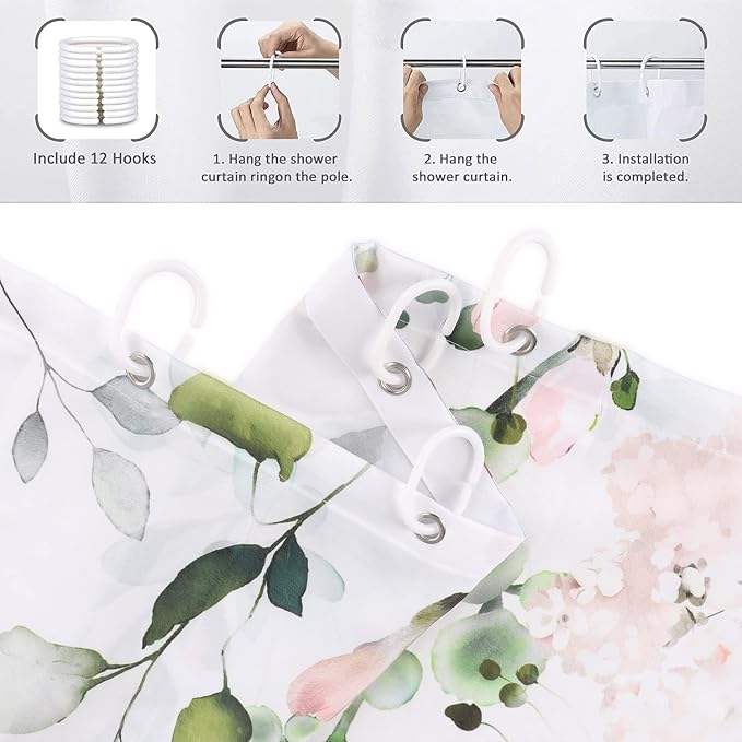 Spring Eucalyptus Shower Curtain, Sage Green Leaves Botanical Plants with Pink Flowers on The Top Fabric Bathroom Curtain Home Decor Waterproof Washable 12 Hooks 72.00'' x 72.00'' (GCI-9918)
