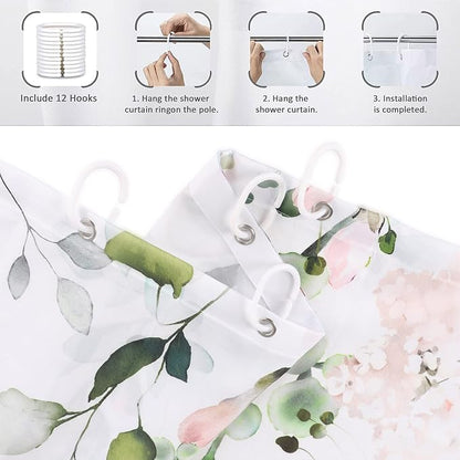 Spring Eucalyptus Shower Curtain, Sage Green Leaves Botanical Plants with Pink Flowers on The Top Fabric Bathroom Curtain Home Decor Waterproof Washable 12 Hooks 72.00'' x 65.00'' (GCI-8641)