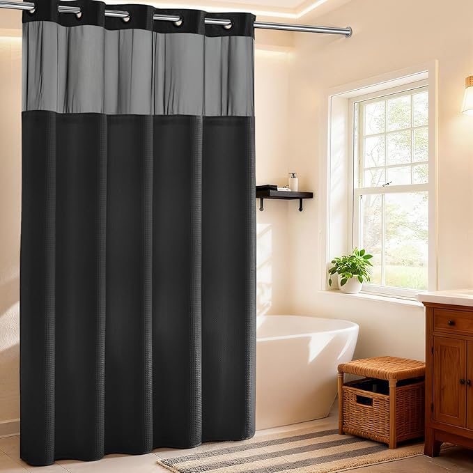 RiverDream Heavyweight Waffle No Hook Shower Curtain with Liner,Black,71x86 | Dotted Waffle,Snap-in Liner,Heavy Duty,Quick Dry,Mesh Top Window,With Bottom Magnets,Hotel-Grade,Washable,Extra Long Size