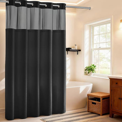 RiverDream Heavyweight Waffle No Hook Shower Curtain with Liner,Black,71x86 | Dotted Waffle,Snap-in Liner,Heavy Duty,Quick Dry,Mesh Top Window,With Bottom Magnets,Hotel-Grade,Washable,Extra Long Size