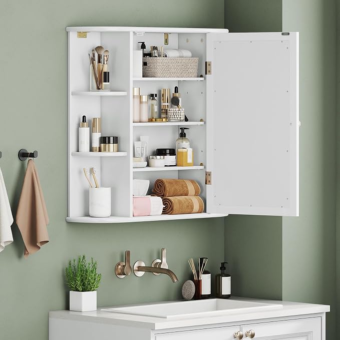 GIANTEX Bathroom Medicine Cabinet (White) | Wall Mounted Medicine Cabinet with Mirrored Door & 4 Interior Shelves, 6 Open Shelves, Space-saving Storage Cabinet