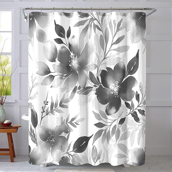Floral Shower Curtain, Grey Watercolor Flower Shower Curtains for Bathroom, Modern Minimalist Waterproof Fabric Bath Curtain 72x72 Inch