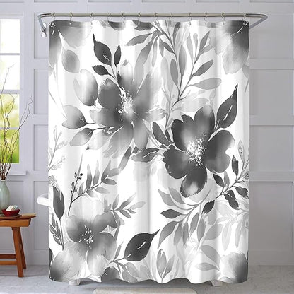 Floral Shower Curtain, Grey Watercolor Flower Shower Curtains for Bathroom, Modern Minimalist Waterproof Fabric Bath Curtain 72x72 Inch