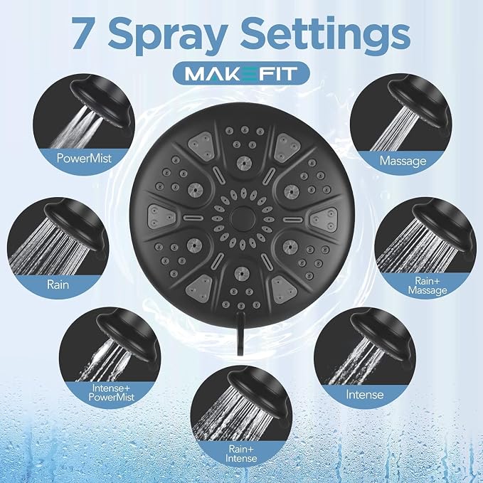 MakeFit Filtered Shower Head with Upgraded Activated Carbon Filter - High Pressure Shower Head with Hard Water Softener - 7 Settings Bathroom Rain Showerhead to Remove Chlorine and Heavy Metals