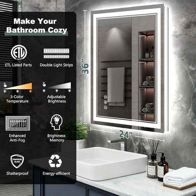 36x24 Inch LED Bathroom Mirror with Lights, 3 Colors Dimmable LED Vanity Mirror, Front and Back Lit, Anti-Fog, Memory Function, Shatterproof Tempered Glass, ETL Listed, Wall Mounted Makeup Mirror