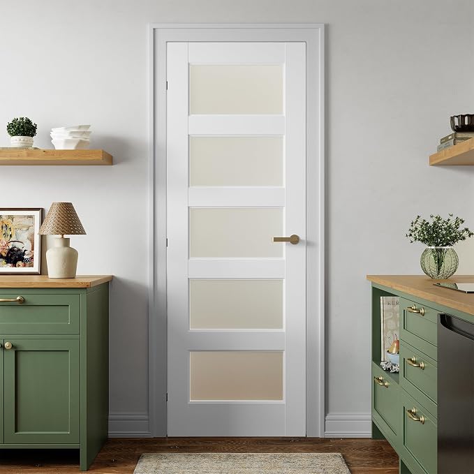 SMARTSTANDARD 28" x 80" Frosted Glass Pantry Door, Solid Core Slab Door | Pre-Assembled 5-Panel without Hardware, French Interior Door for Pantry Pocket, White Primed