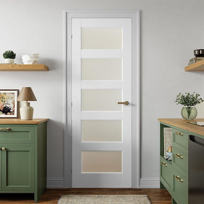 SMARTSTANDARD 28" x 80" Frosted Glass Pantry Door, Solid Core Slab Door | Pre-Assembled 5-Panel without Hardware, French Interior Door for Pantry Pocket, White Primed