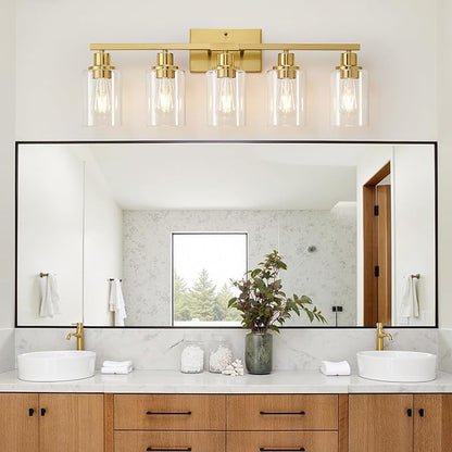 5-Light Bathroom Light Fixtures, Vanity Light with Clear Glass Shades, Brushed Gold Bathroom Light Fixtures Over Mirror, Modern Bathroom Wall Lamp for Mirror Living Room Cabinet Bedroom