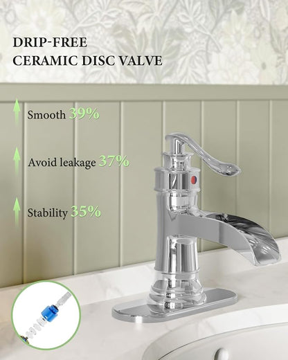 Bathroom Faucet Chrome Waterfall Bathroom Sink Faucets with Single Handle | Rustic Vanity Farmhouse RV Faucet Suitable for 1 or 3 Holes with Pop-up Drain Deck Plate Hose by Homevacious