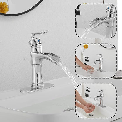 Chrome Bathroom Faucet Waterfall GGStudy Single Handle One Hole Farmhouse Bathroom Vanity Faucet Basin Mixter Tap Deck Mount with Drain Assembly