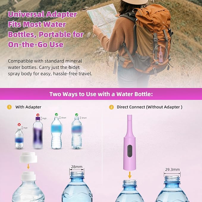 Hibbent Portable Bidet for Travel, High Pressure Electric Handheld Bidet Sprayer, 350-550ML Expandable Bottle for Personal Hygiene, USB-C Rechargeable Waterproof, Travel Sprayer for Women & Men, Pink