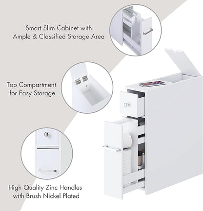 Spirich Slim Bathroom Storage Cabinet, Free Standing Toilet Paper Holder, Bathroom Cabinet Slide Out Drawer Storage, White