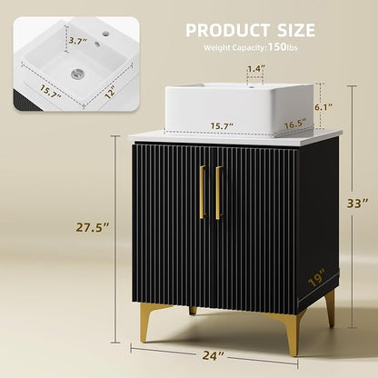 YITAHOME 24 Inch Bathroom Vanity with Vacuum Forming | Storage Cabinet Vanity with Engineered White Stone Countertop, 2 Large Soft Closing Doors with Shelf, Gold Handles & Legs