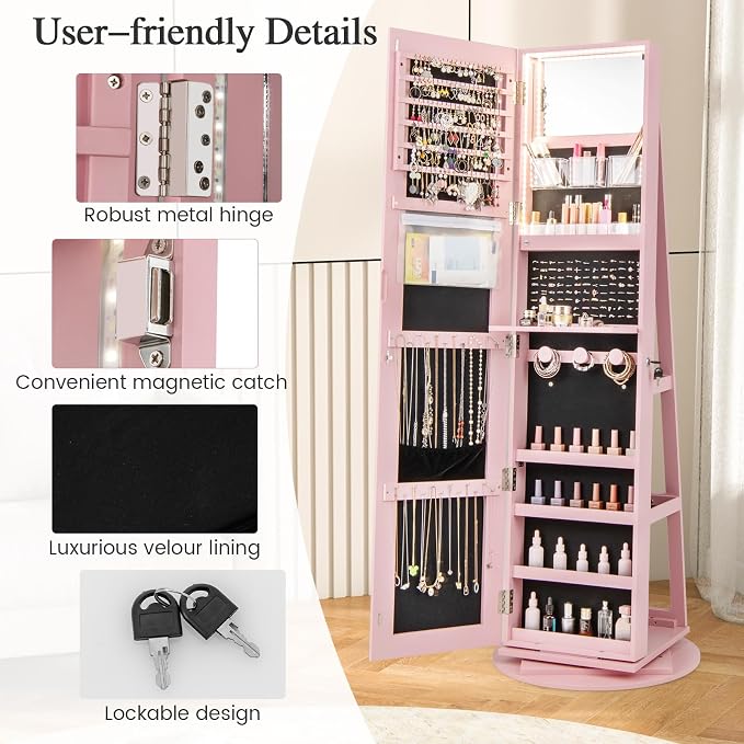 MAT EXPERT 360° Rotating Jewelry Armoire, Lockable Freestanding Jewelry Organizer w/Full-length Mirror, 3-Color LED Lights, Rear Storage Shelves, Mirror Jewelry Cabinet for Bedroom (Pink)