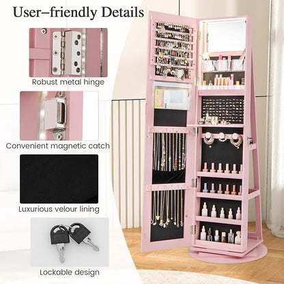 MAT EXPERT 360° Rotating Jewelry Armoire, Lockable Freestanding Jewelry Organizer w/Full-length Mirror, 3-Color LED Lights, Rear Storage Shelves, Mirror Jewelry Cabinet for Bedroom (Pink)