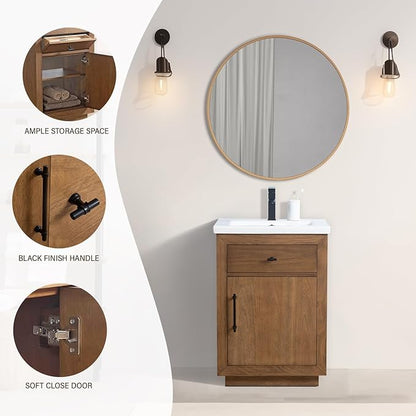 HOMEBEYOND 24" Bathroom Vanity with Single Sink & Ceramic Top, MDF Material Vanity Cabinet with Basin Combo, Soft-Closing Doors, Removable Shelf, Backsplash,Tan