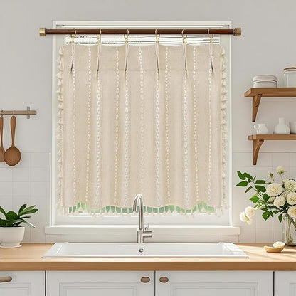 Seenus Beige Boho Farmhouse Window Curtain with Tassels, 30 x 36 Inch Light Filtering Sheer Short Cafe Window Curtain Tier, Linen Textured Pleated Small Window Drape for Kitchen or Bathroom, 1 Panel