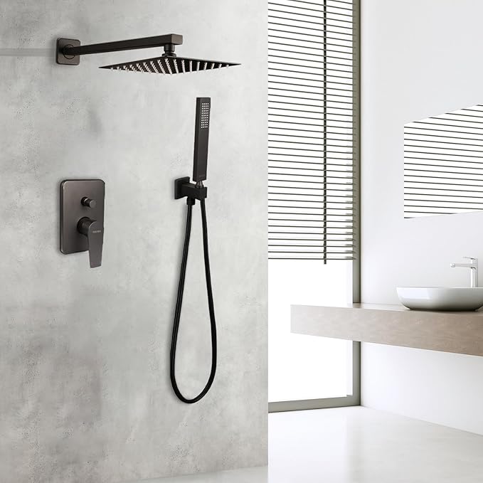 SOLVEX 8 Inch Shower Faucet Set，Shower System Black Stainless Steel Wall Mount Faucet Set with Square High Pressure Showerhead and Handheld Sprayer SP-90110-N