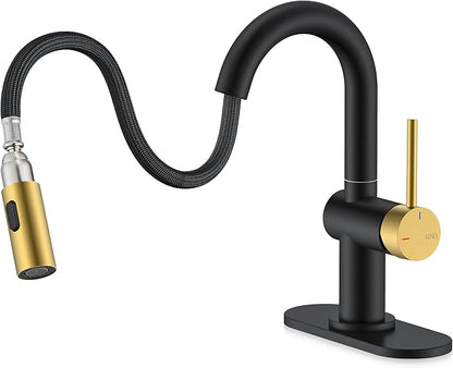 KENES Black and Gold Pull Down Bathroom Faucet 1 Hole, Single Handle Bathroom Sink Faucet with Pull Out Sprayer, Vanity Faucet with Pop Up Drain & Deck Plate, KE-9065B-BG