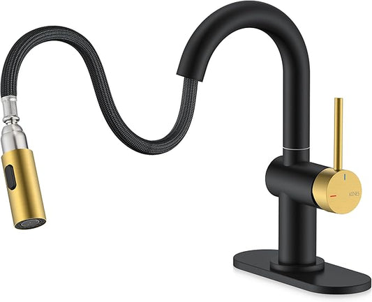 KENES Black and Gold Pull Down Bathroom Faucet 1 Hole, Single Handle Bathroom Sink Faucet with Pull Out Sprayer, Vanity Faucet with Pop Up Drain & Deck Plate, KE-9065B-BG