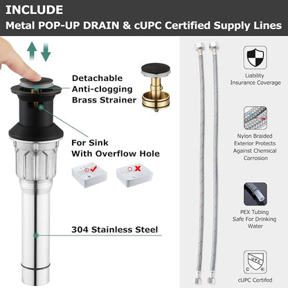 Bathroom Sink Faucet 8 Inch Widespread for Vanity, Oil Rubbed Bronze | Mid Arc Brass Spout, 2 Handle Lead-Free Bathroom Faucet with Metal Pop Up Drain Supply Lines for 3 Hole Lavatory Utility Sink