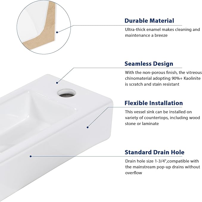 Sarlai Floating Vessel Sink Wall Mounted - 15"x7" Wall Mount Hang Small Bathroom Sinks Tiny Small Modern Rectangle Floating White Porcelain Ceramic Vanity Sink, Right Hand